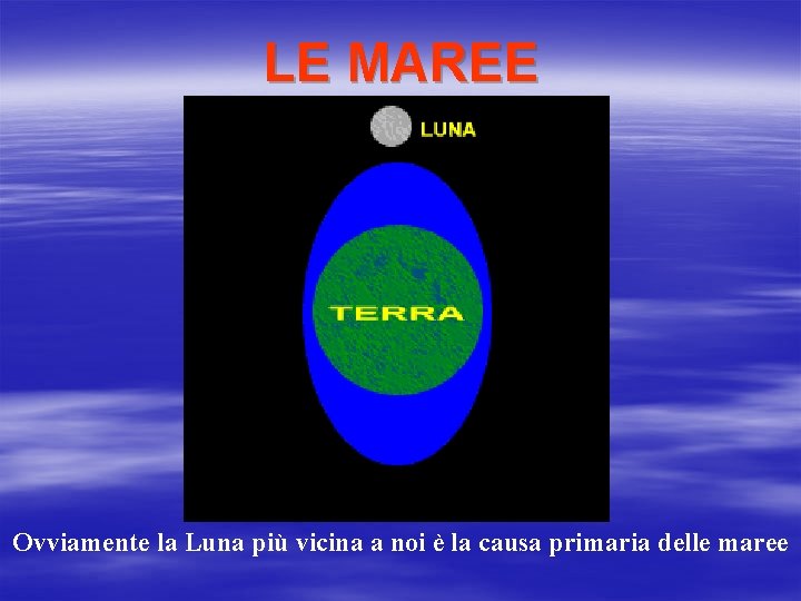 LE MAREE Ovviamente la Luna più vicina a noi è la causa primaria delle