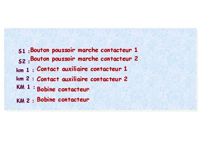 S 1 : Bouton poussoir marche contacteur 1 S 2 : Bouton poussoir marche S 1 : Bouton poussoir marche contacteur 1 S 2 : Bouton poussoir marche