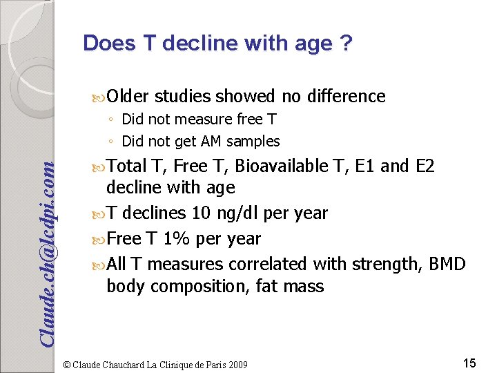 Does T decline with age ? Older studies showed no difference Claude. ch@lcdpi. com