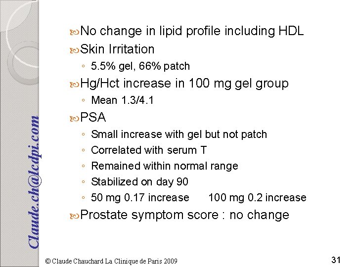  No change in lipid profile including HDL Skin Irritation ◦ 5. 5% gel,