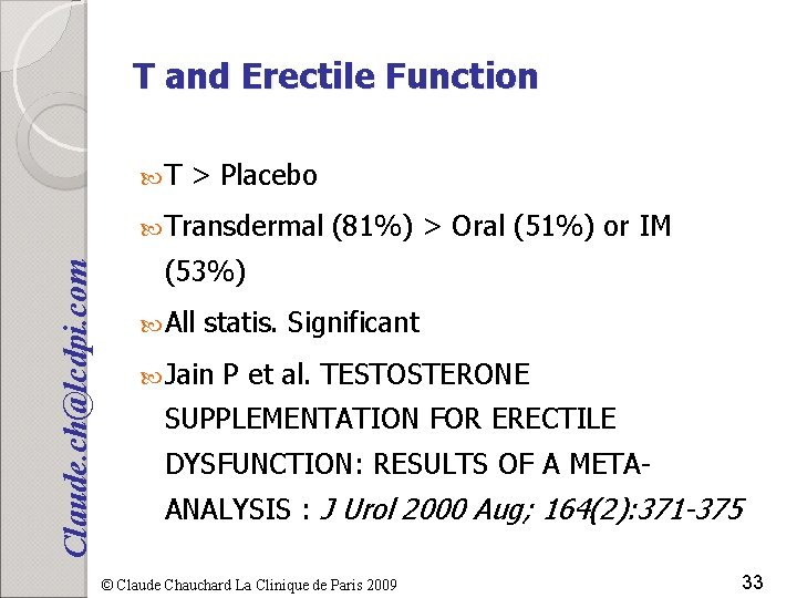 T and Erectile Function T > Placebo Claude. ch@lcdpi. com Transdermal (81%) > Oral