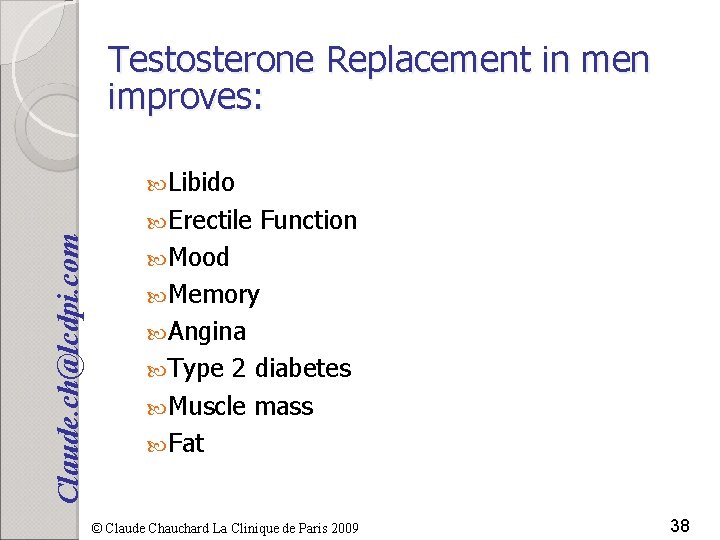 Testosterone Replacement in men improves: Libido Claude. ch@lcdpi. com Erectile Function Mood Memory Angina