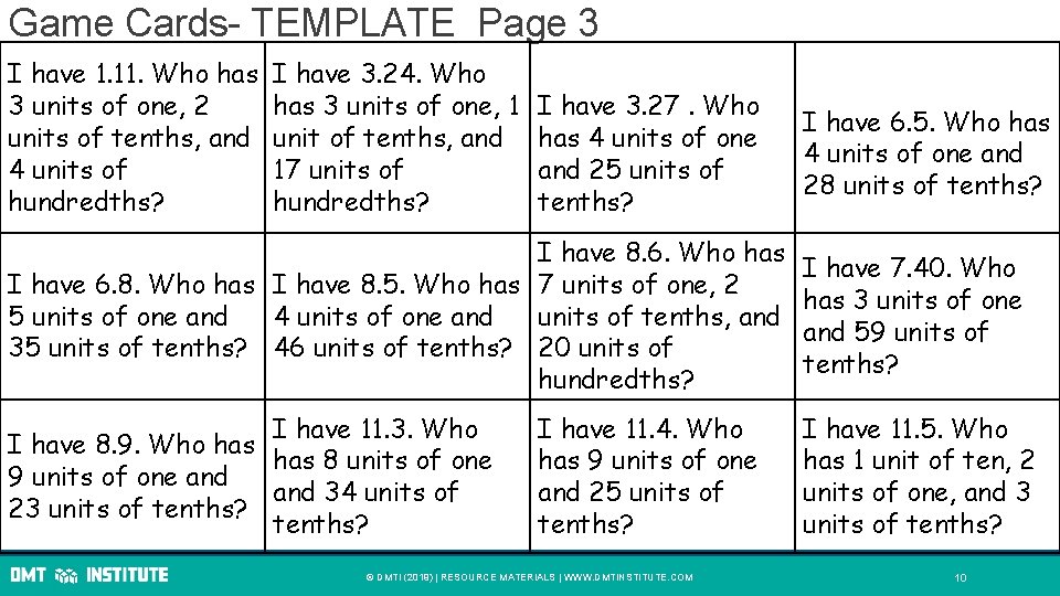 Game Cards- TEMPLATE Page 3 I have 1. 11. Who has 3 units of