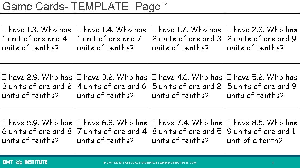 Game Cards- TEMPLATE Page 1 I have 1. 3. Who has I have 1.