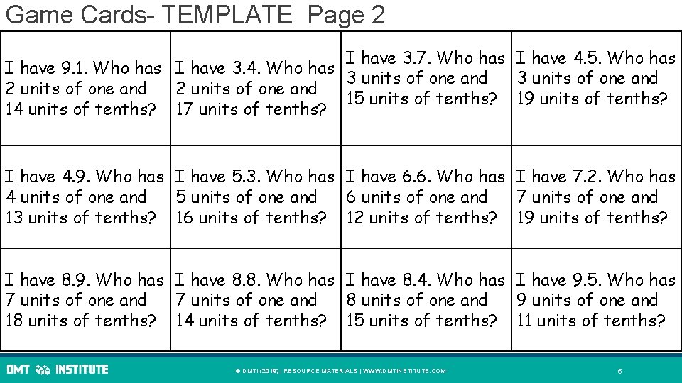 Game Cards- TEMPLATE Page 2 I have 3. 7. Who has I have 4.