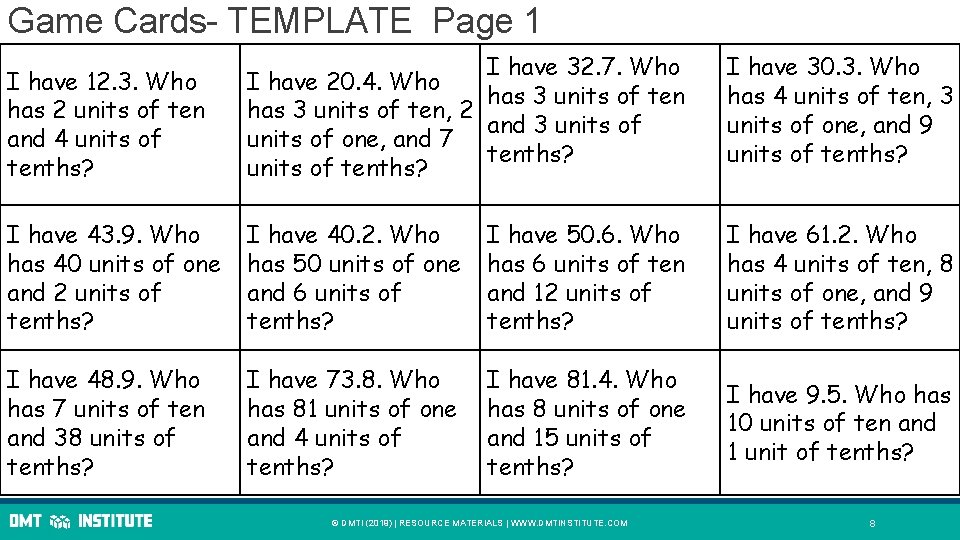 Game Cards- TEMPLATE Page 1 I have 12. 3. Who has 2 units of