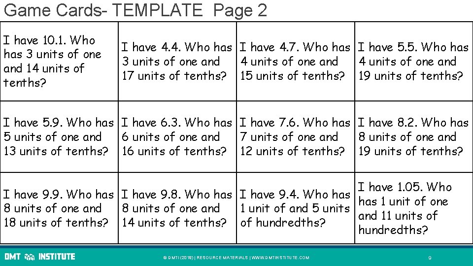 Game Cards- TEMPLATE Page 2 I have 10. 1. Who has 3 units of