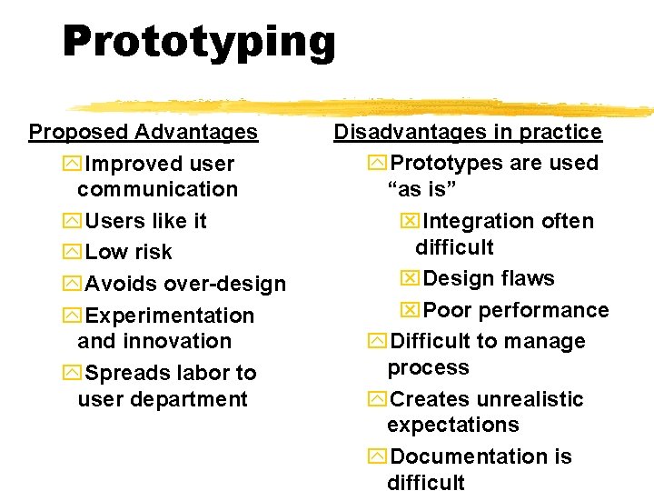 Prototyping Proposed Advantages y. Improved user communication y. Users like it y. Low risk