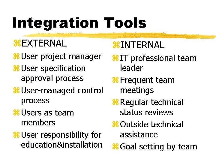 Integration Tools z. EXTERNAL z. INTERNAL z User project manager z User specification approval