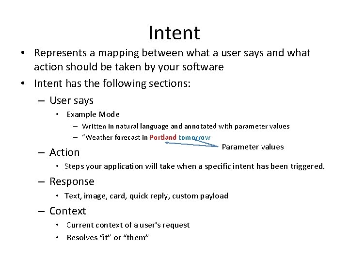 Intent • Represents a mapping between what a user says and what action should