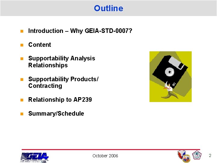 Outline n Introduction – Why GEIA-STD-0007? n Content n Supportability Analysis Relationships n Supportability Outline n Introduction – Why GEIA-STD-0007? n Content n Supportability Analysis Relationships n Supportability
