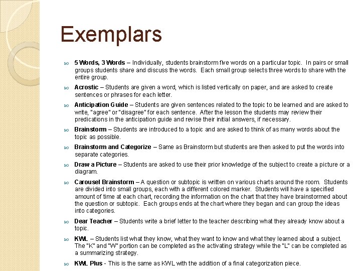 Exemplars 5 Words, 3 Words – Individually, students brainstorm five words on a particular Exemplars 5 Words, 3 Words – Individually, students brainstorm five words on a particular
