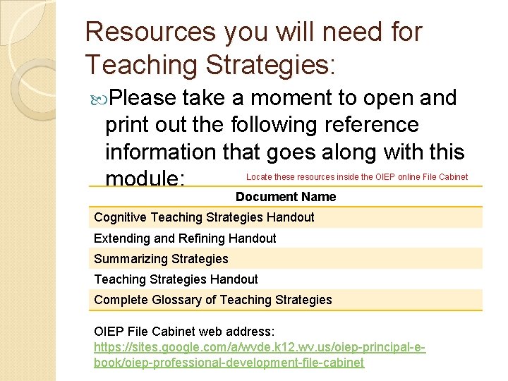 Resources you will need for Teaching Strategies: Please take a moment to open and Resources you will need for Teaching Strategies: Please take a moment to open and