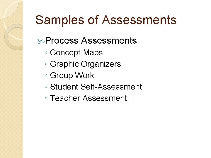 Samples of Assessments Process Assessments ◦ Concept Maps ◦ Graphic Organizers ◦ Group Work Samples of Assessments Process Assessments ◦ Concept Maps ◦ Graphic Organizers ◦ Group Work