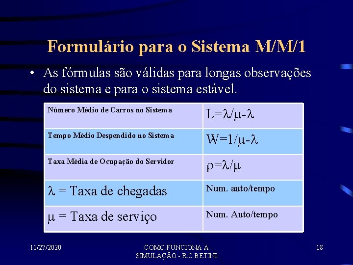 Formulário para o Sistema M/M/1 • As fórmulas são válidas para longas observações do