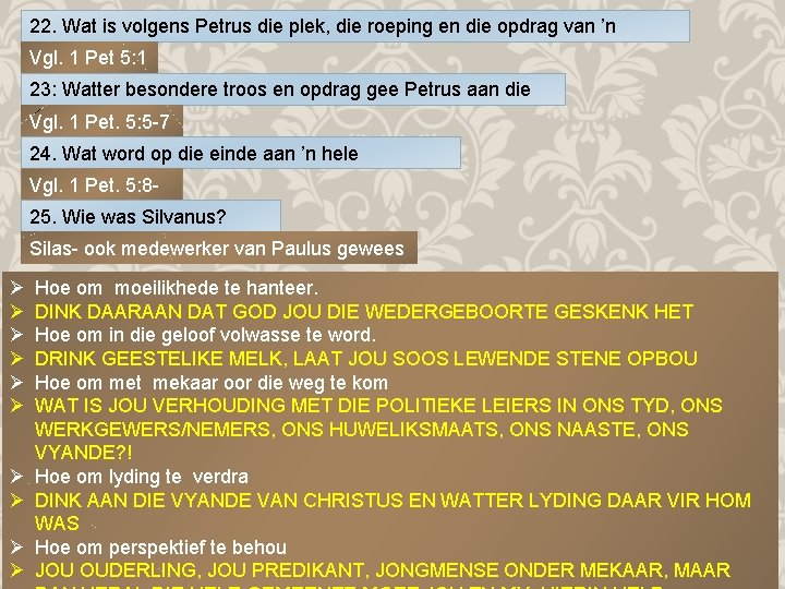 22. Wat is volgens Petrus die plek, die roeping en die opdrag van ’n