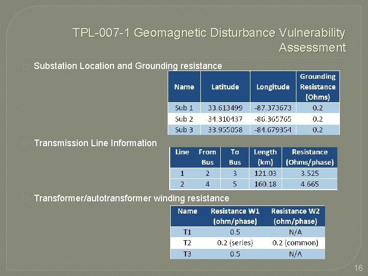 TPL-007 -1 Geomagnetic Disturbance Vulnerability Assessment � Substation Location and Grounding resistance � Transmission