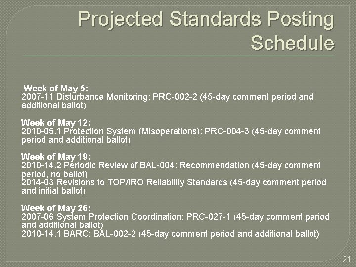 Projected Standards Posting Schedule Week of May 5: 2007 -11 Disturbance Monitoring: PRC-002