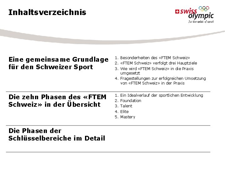 Inhaltsverzeichnis Eine gemeinsame Grundlage für den Schweizer Sport 1. Besonderheiten des «FTEM Schweiz» 2. Inhaltsverzeichnis Eine gemeinsame Grundlage für den Schweizer Sport 1. Besonderheiten des «FTEM Schweiz» 2.