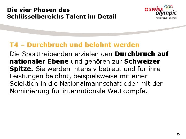 Die vier Phasen des Schlüsselbereichs Talent im Detail T 4 – Durchbruch und belohnt Die vier Phasen des Schlüsselbereichs Talent im Detail T 4 – Durchbruch und belohnt