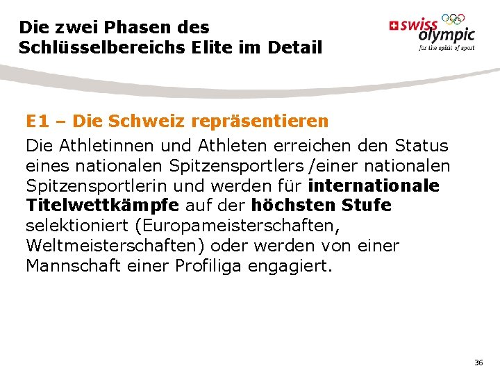 Die zwei Phasen des Schlüsselbereichs Elite im Detail E 1 – Die Schweiz repräsentieren Die zwei Phasen des Schlüsselbereichs Elite im Detail E 1 – Die Schweiz repräsentieren