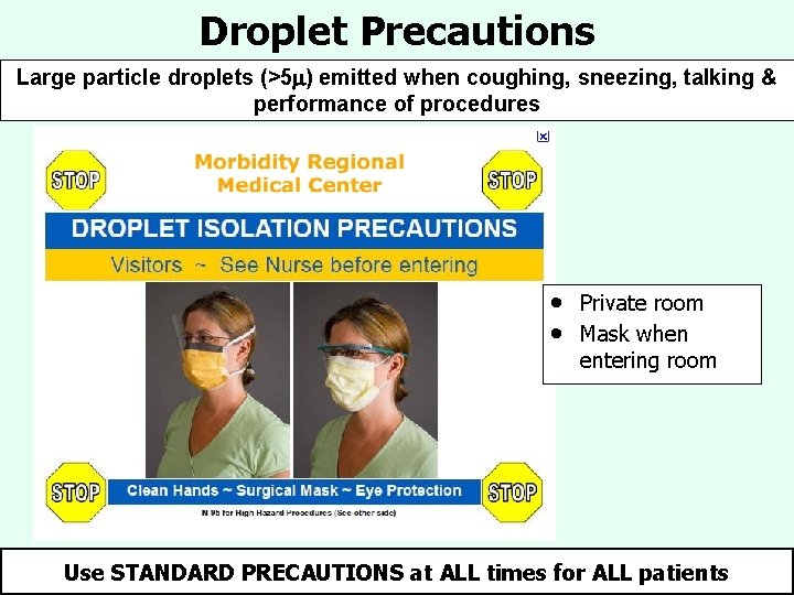 Droplet Precautions Large particle droplets (>5 ) emitted when coughing, sneezing, talking & performance Droplet Precautions Large particle droplets (>5 ) emitted when coughing, sneezing, talking & performance