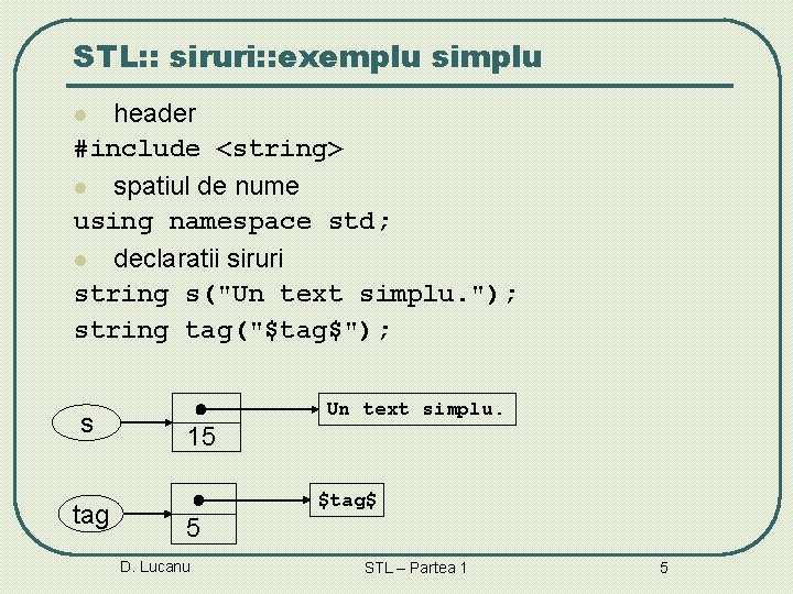 STL: : siruri: : exemplu simplu header #include <string> l spatiul de nume using STL: : siruri: : exemplu simplu header #include <string> l spatiul de nume using