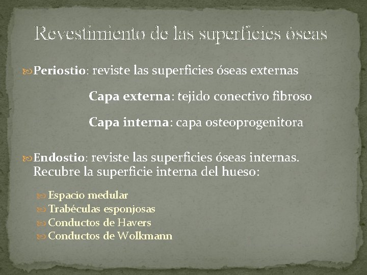 Revestimiento de las superficies óseas Periostio: reviste las superficies óseas externas Capa externa: tejido Revestimiento de las superficies óseas Periostio: reviste las superficies óseas externas Capa externa: tejido