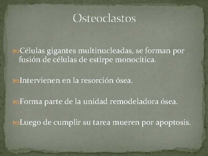 Osteoclastos Células gigantes multinucleadas, se forman por fusión de células de estirpe monocítica. Intervienen Osteoclastos Células gigantes multinucleadas, se forman por fusión de células de estirpe monocítica. Intervienen