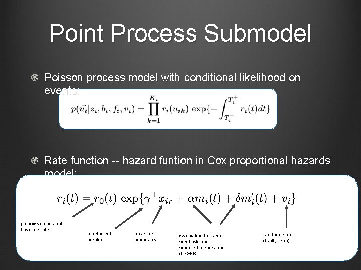 Point Process Submodel Poisson process model with conditional likelihood on events: Rate function --