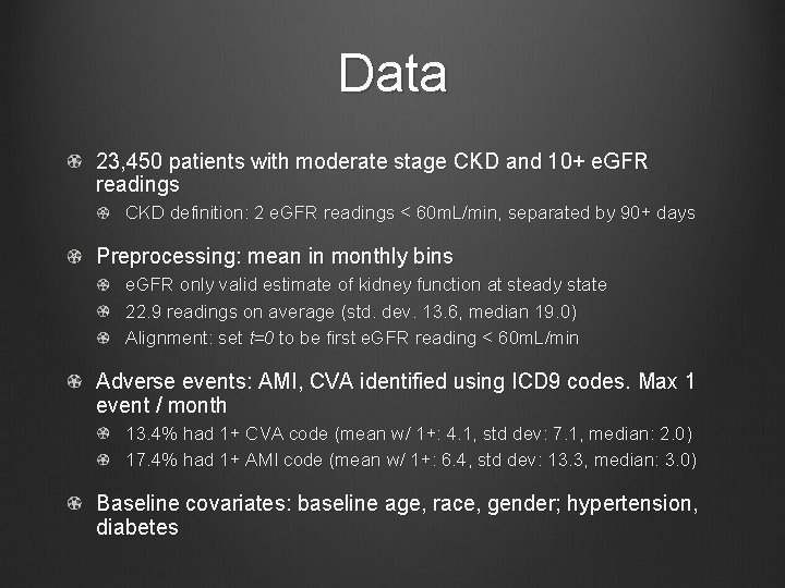 Data 23, 450 patients with moderate stage CKD and 10+ e. GFR readings CKD