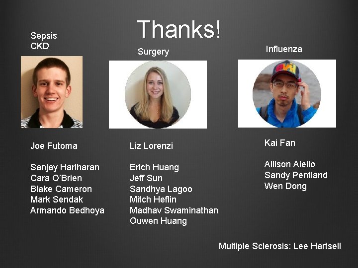 Sepsis CKD Thanks! Surgery Influenza Joe Futoma Liz Lorenzi Kai Fan Sanjay Hariharan Cara