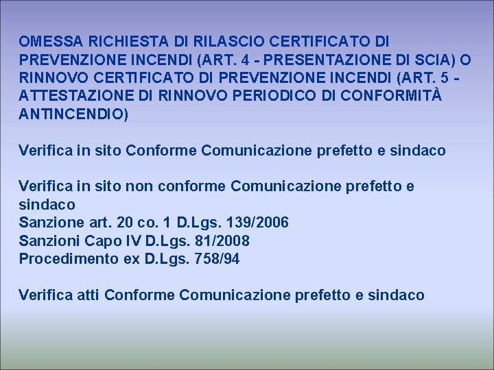 OMESSA RICHIESTA DI RILASCIO CERTIFICATO DI PREVENZIONE INCENDI (ART. 4 - PRESENTAZIONE DI SCIA)