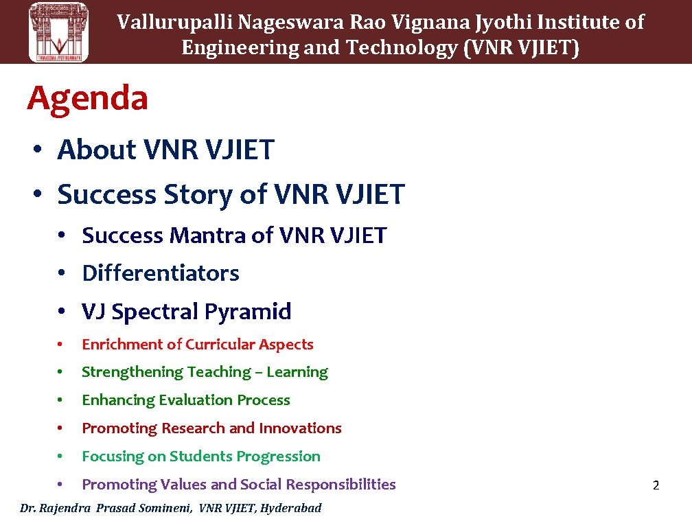 Vallurupalli Nageswara Rao Vignana Jyothi Institute of Engineering and Technology (VNR VJIET) Agenda •