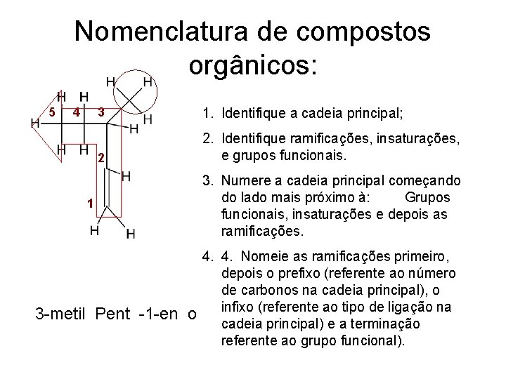 Nomenclatura de compostos orgânicos: 5 4 1 3 1. Identifique a cadeia principal; 2