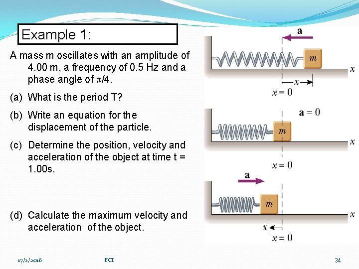 Example 1: A mass m oscillates with an amplitude of 4. 00 m, a