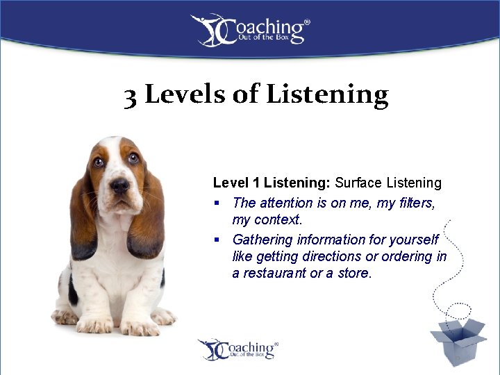 3 Levels of Listening Level 1 Listening: Surface Listening § The attention is on