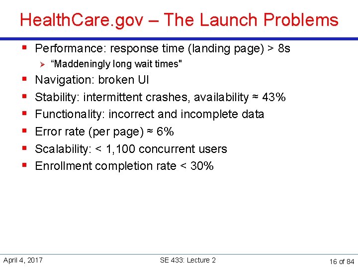 Health. Care. gov – The Launch Problems § Performance: response time (landing page) >