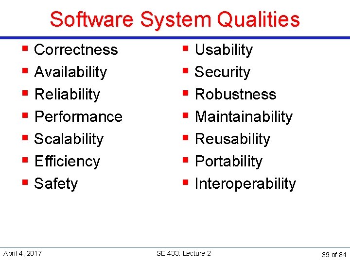 Software System Qualities § Correctness § Availability § Reliability § Performance § Scalability §