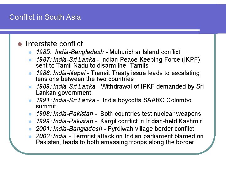 Conflict in South Asia l Interstate conflict l l l l l 1985: India-Bangladesh