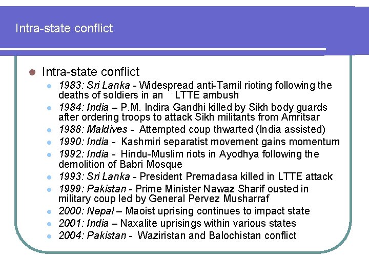 Intra-state conflict l l l 1983: Sri Lanka - Widespread anti-Tamil rioting following the