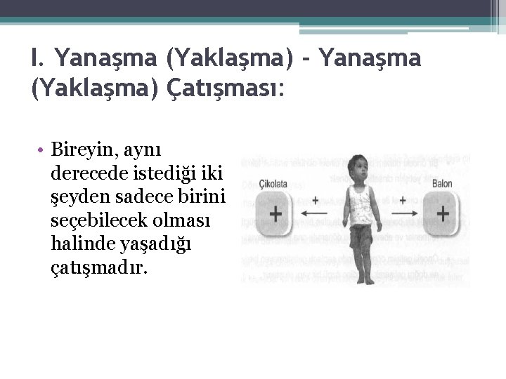 I. Yanaşma (Yaklaşma) - Yanaşma (Yaklaşma) Çatışması: • Bireyin, aynı derecede istediği iki şeyden I. Yanaşma (Yaklaşma) - Yanaşma (Yaklaşma) Çatışması: • Bireyin, aynı derecede istediği iki şeyden
