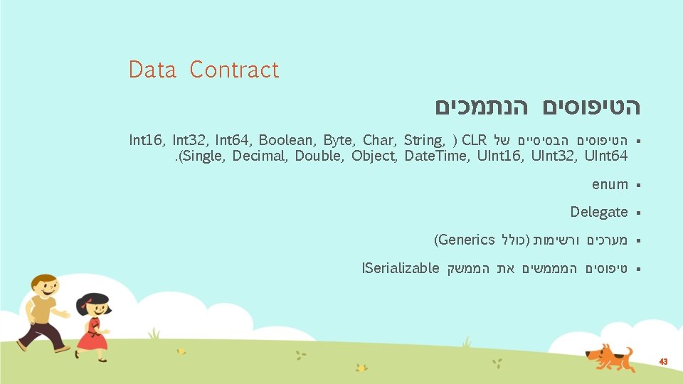 Data Contract הטיפוסים הנתמכים Int 16, Int 32, Int 64, Boolean, Byte, Char, String,