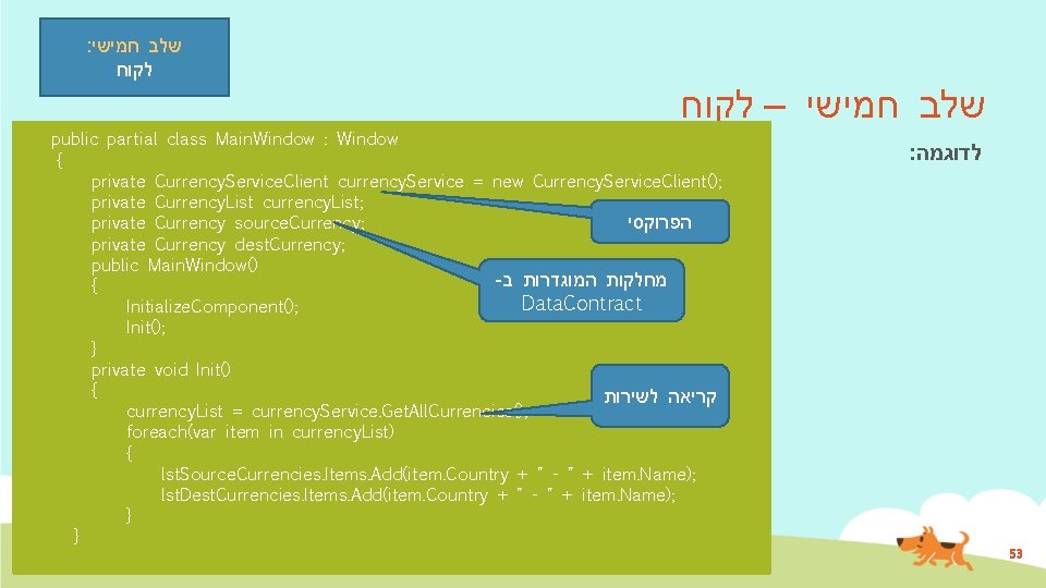 : שלב חמישי לקוח – שלב חמישי public partial class Main. Window : Window