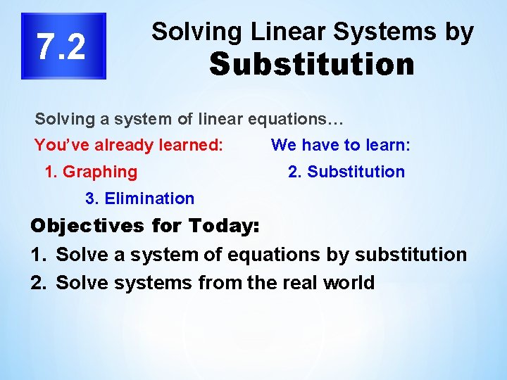 7. 2 Solving Linear Systems by Substitution Solving a system of linear equations… You’ve