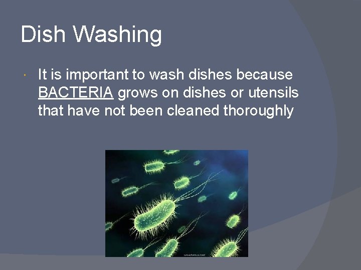 Dish Washing It is important to wash dishes because BACTERIA grows on dishes or