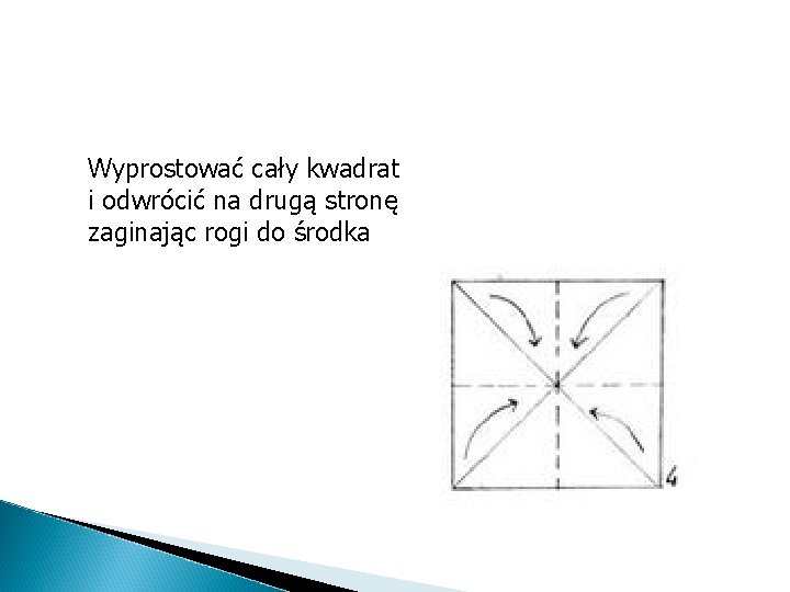 Wyprostować cały kwadrat i odwrócić na drugą stronę zaginając rogi do środka 