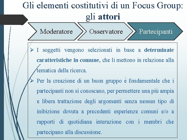 Gli elementi costitutivi di un Focus Group: gli attori Moderatore Osservatore Partecipanti Ø I