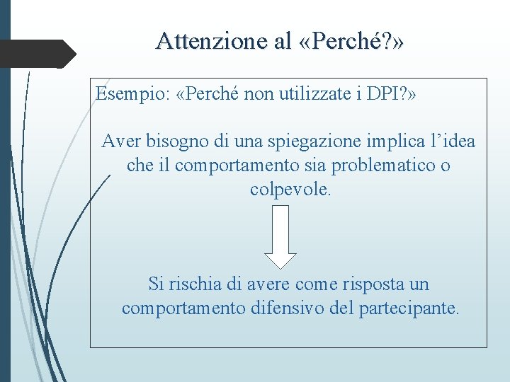 Attenzione al «Perché? » Esempio: «Perché non utilizzate i DPI? » Aver bisogno di