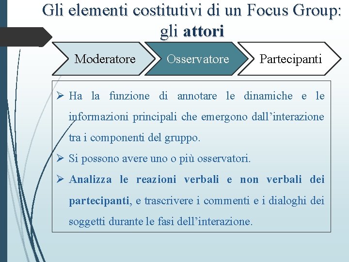 Gli elementi costitutivi di un Focus Group: gli attori Moderatore Osservatore Partecipanti Ø Ha